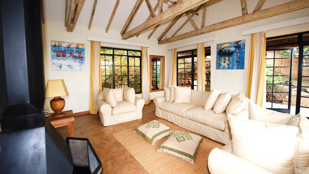 Guest Area with Blazing fireplace at Clouds Mountain Gorilla Lodge
