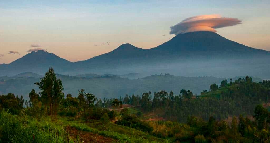 Landscape of the Virunga Mountains in Rwanda Volcanoes National Park
